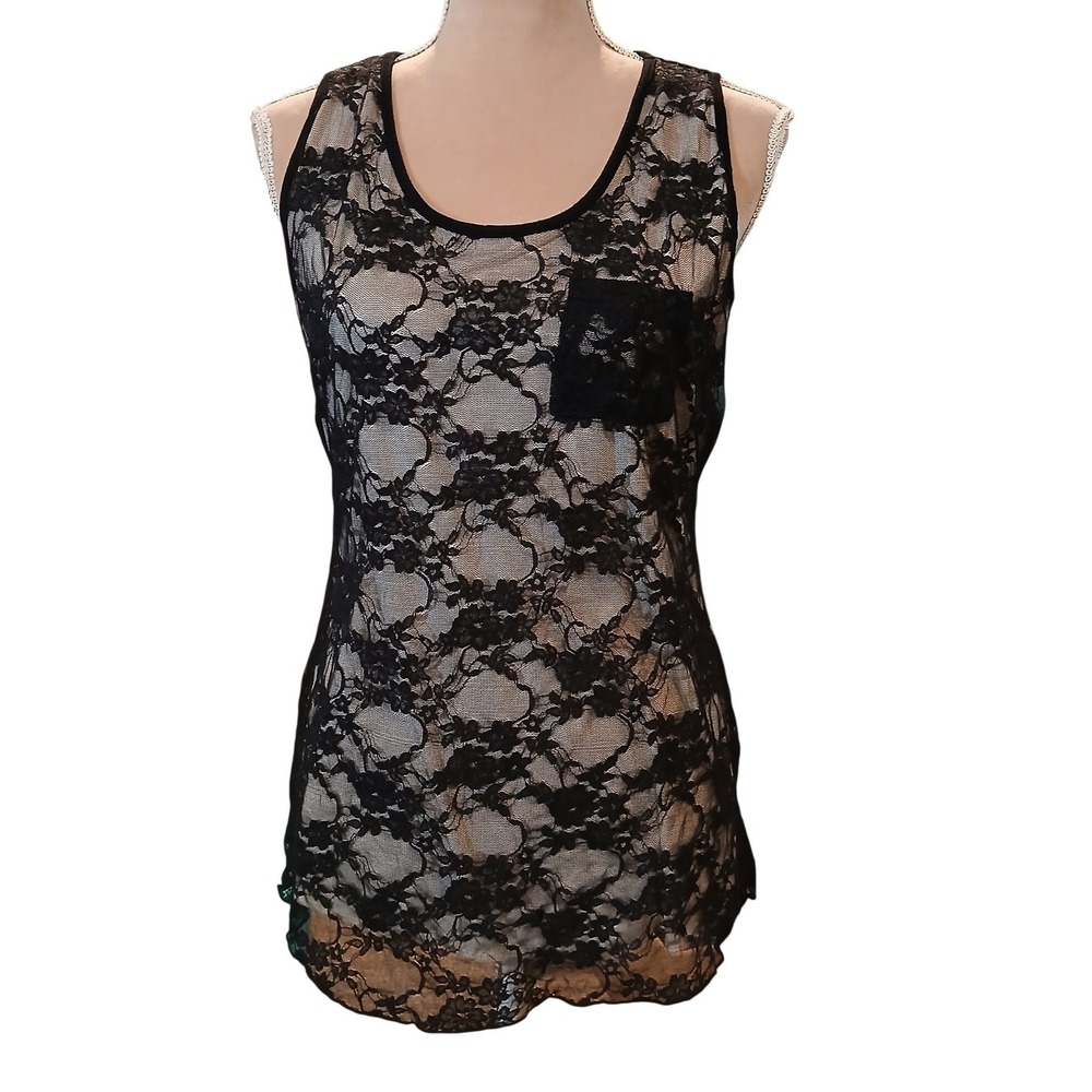 Vtg Suzie in the City Medium Black Floral Lace Tank Top Pocket Sheer Sleeveless